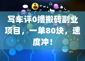 写车评0撸搬砖副业项目，一单80块，速度冲！