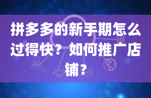 拼多多的新手期怎么过得快？如何推广店铺？