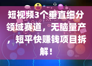 短视频3个垂直细分领域赛道，无脑量产，短平快赚钱项目拆解！