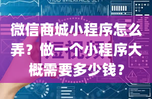 微信商城小程序怎么弄？做一个小程序大概需要多少钱？